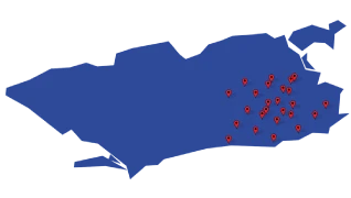 Mapa do Rio de Janeiro com marcações das comunidades atendidas pelo IRS